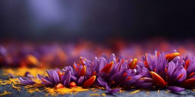 Saffron flower cultivation, and health benefits, copy space blurred background, AI Generated photo