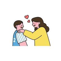 A mother is cheering on her son before a sports match. outline simple vector illustration.