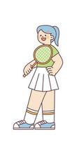 A cute tennis player is standing with a racket. outline simple vector illustration.