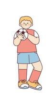 A cute soccer player is standing with a ball. outline simple vector illustration.