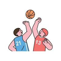 Two basketball players are reaching out to catch a basketball. outline simple vector illustration.