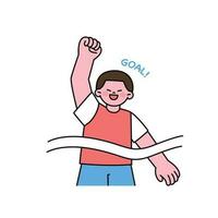 A runner is delighted to come into first place at the finish line. outline simple vector illustration.