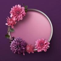Circle made of pink flowers and branches copy space background. photo