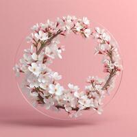 Circle made of white flowers and branches copy space background. photo