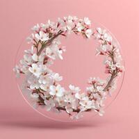 Circle made of white flowers and branches copy space background. AI Generated photo