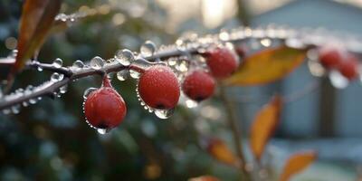 hielo tormenta arboles y Fruta congelar en invierno, ai generado foto