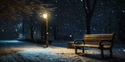 Wooden chair in the winter garden blurred background, AI Generated photo