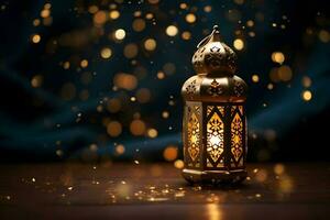 Ramadan kareem islamic concept. Beautiful arabic lantern, lamp. Background with space for text. Generative AI. photo