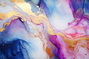 Fluid art abstract background. Acrylic and alcohol ink painting. Blue, violet, gold colors. Generative AI. photo