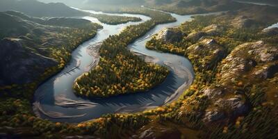 Green forest valley and meander river background, AI generated photo