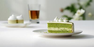 Matcha cak on white table for coffee break snack, AI Generateand photo