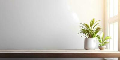 Wood table and window with plant with sun light copy space blurred background, AI Generated photo