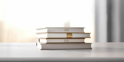 Stack of books and window with sunlight blurred background, photo