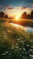 Sunset on meadow golden hours background. AI Generated photo