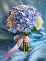 Hydrangea wedding bouquet flower on blurred window background. AI Generated photo