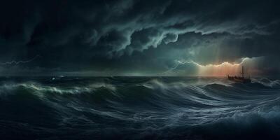 Storm in ocean with lighting natural disaster phenomenon, photo