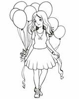 niña con globos colorante página vector