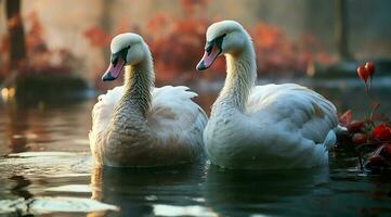 A bunch of white geese walking photo