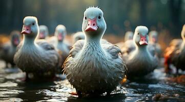 A bunch of white geese walking photo