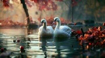 A bunch of white geese walking photo