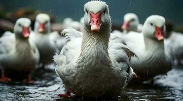 A bunch of white geese walking photo