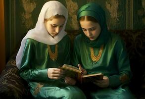 two young girls sitting down reading Quran with bangles photo