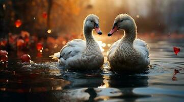 A bunch of white geese walking photo