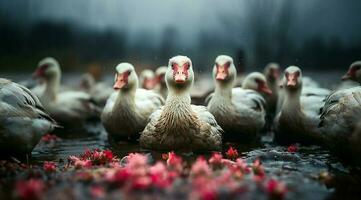 A bunch of white geese walking photo