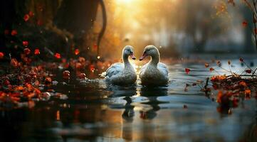 A bunch of white geese walking photo