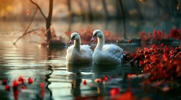 A bunch of white geese walking photo