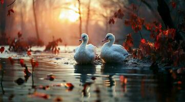 A bunch of white geese walking photo