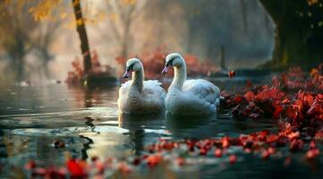 A bunch of white geese walking photo