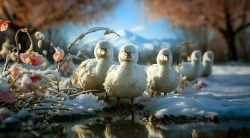 A bunch of white geese walking photo