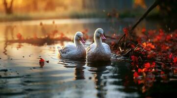 A bunch of white geese walking photo