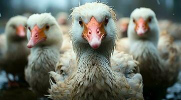 A bunch of white geese walking photo