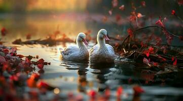 A bunch of white geese walking photo