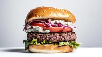 Side view of a burger on a dark rustic background with beef and cream cheese realistic close-up photo