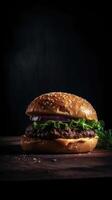 Side view of a burger on a dark rustic background with beef and cream cheese realistic close-up photo
