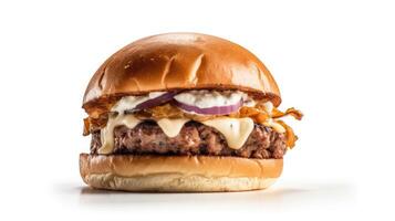 lado ver de un hamburguesa en un blanco antecedentes con carne de vaca y crema queso realista de cerca foto ai generativo
