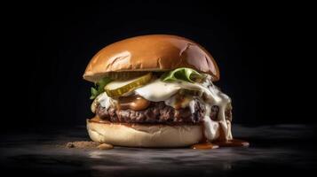Side view of a burger on a dark rustic background with beef and cream cheese realistic close-up photo