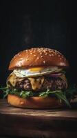 Side view of a burger on a dark rustic background with beef and cream cheese realistic close-up photo