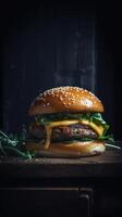 Side view of a burger on a dark rustic background with beef and cream cheese realistic close-up photo