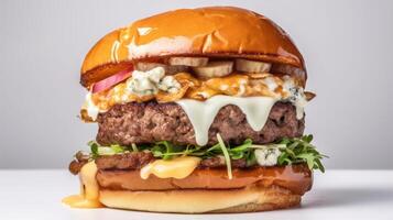 Side view of a burger on a dark rustic background with beef and cream cheese realistic close-up photo