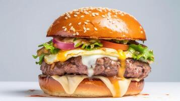 Side view of a burger on a dark rustic background with beef and cream cheese realistic close-up photo