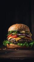 Side view of a burger on a dark rustic background with beef and cream cheese realistic close-up photo