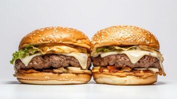 Side view of burger on a white background with beef and cream cheese realistic close-up photo