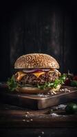 Side view of a burger on a dark rustic background with beef and cream cheese realistic close-up photo