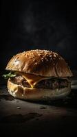 Side view of a burger on a dark rustic background with beef and cream cheese realistic close-up photo