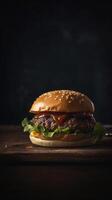 Side view of a burger on a dark rustic background with beef and cream cheese realistic close-up photo