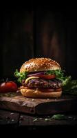 Side view of a burger on a dark rustic background with beef and cream cheese realistic close-up photo